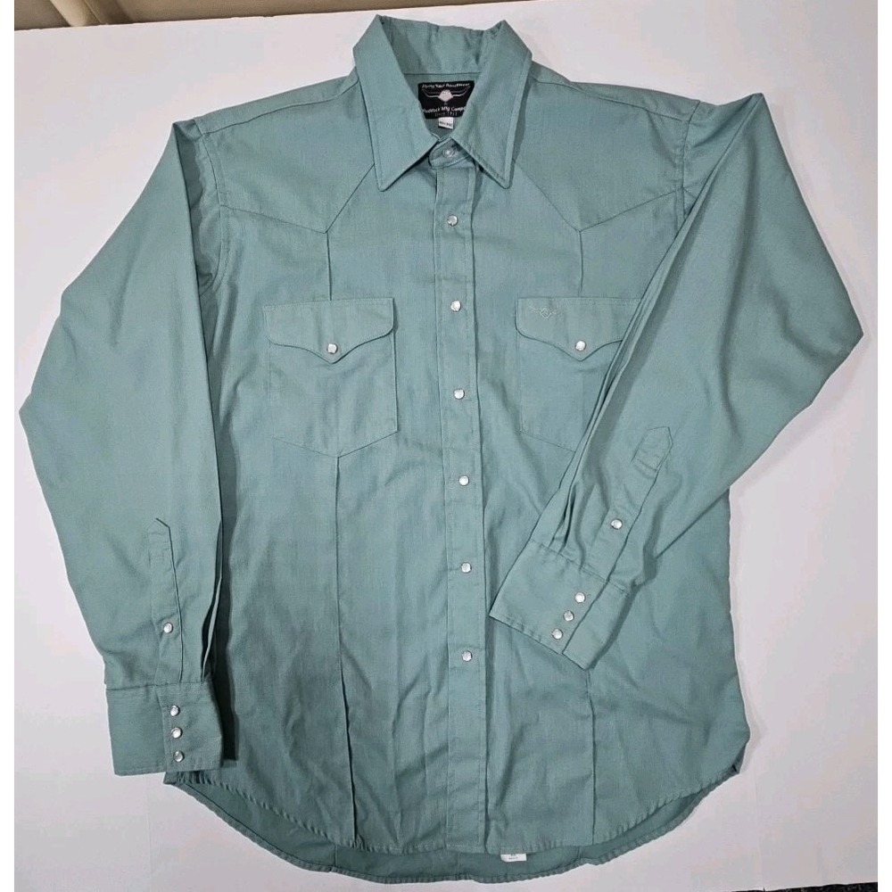 Flying R Ranchwear Rancher Crease Green Pearl Snap Long Sleeve Men's Sz L - 16.5